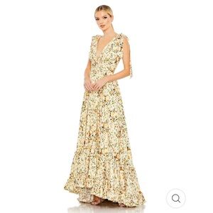 NWT Macduggal Pale Yellow Floral Print Soft Tie Sleeveless Tiered Gown SIZE 10